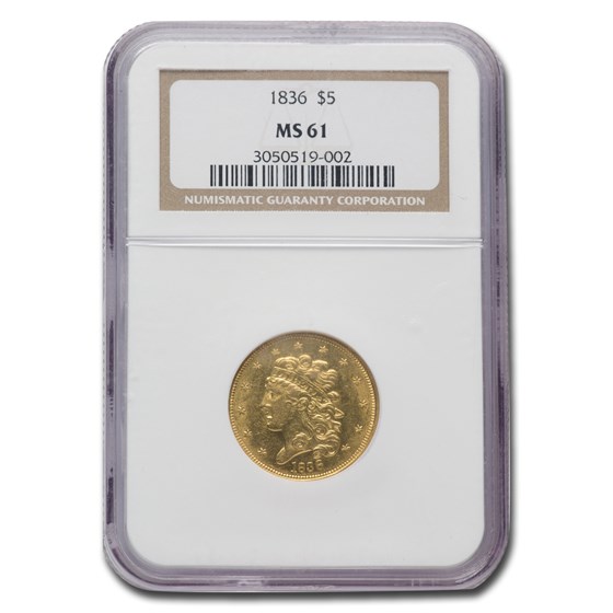 1836 $5 Gold Classic Head Half Eagle MS-61 NGC 1836 $5 Gold Classic Head Half Eagle MS-61 NGC